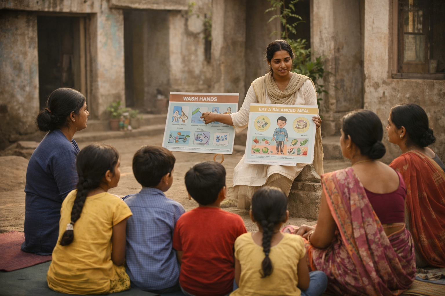 Facilitator conducting a structured health and hygiene awareness session for local residents