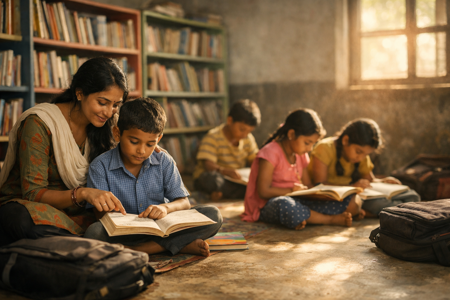 Students engaged in reading within a newly established, well-stocked school library