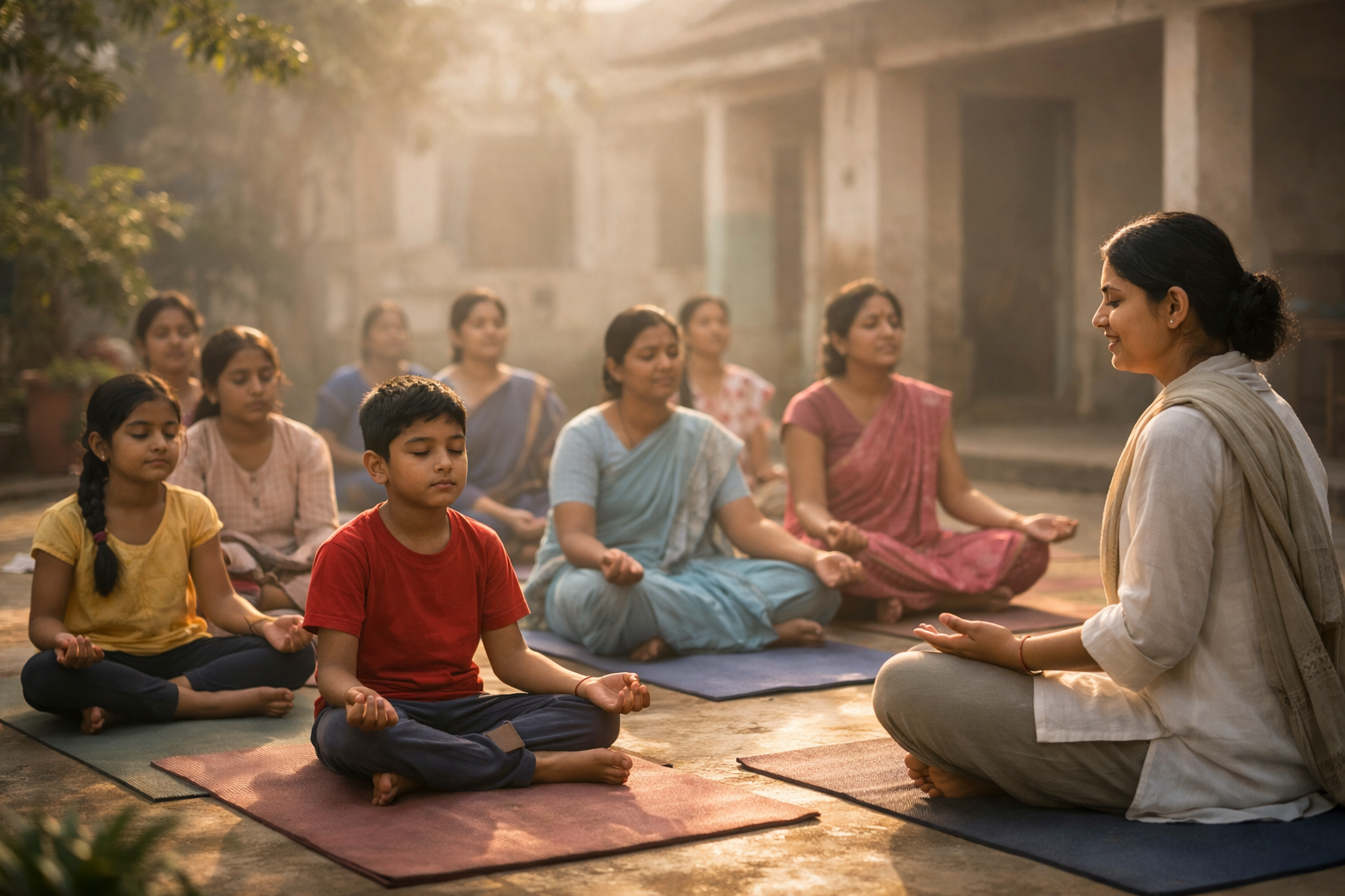 Group of individuals practicing mindfulness and yoga outdoors